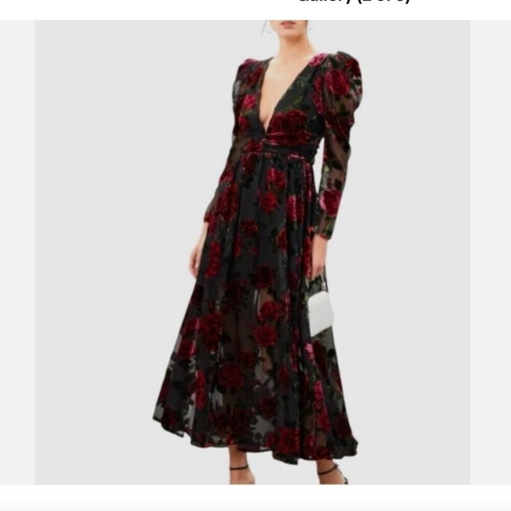 Rachel Parcell Burnout Velvet Maxi Dress V-Neck Gown Black Red Size 0 *READ FLAW